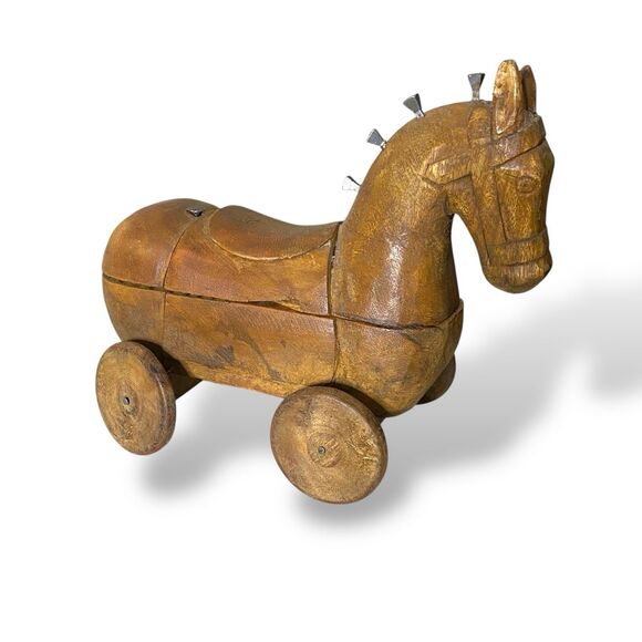 Vintage Wooden Horse Spice Box On Wheels Hand Carved Folk Art - Picture 1 of 13